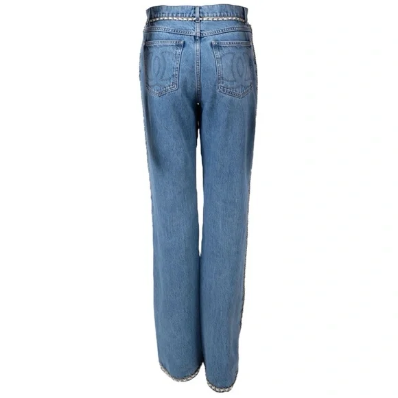 CHANEL 23N COCO NEIGE BLUE STRAIGHT JEANS WITH WHITE LEATHER CHAIN TRIMS SIZE 36 - Picture 16 of 16